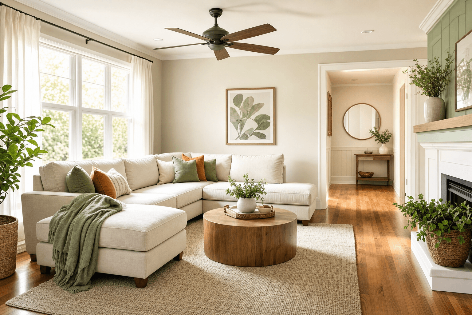 Bright, freshly cleaned living room with hardwood floors and a ceiling fan, warm natural light