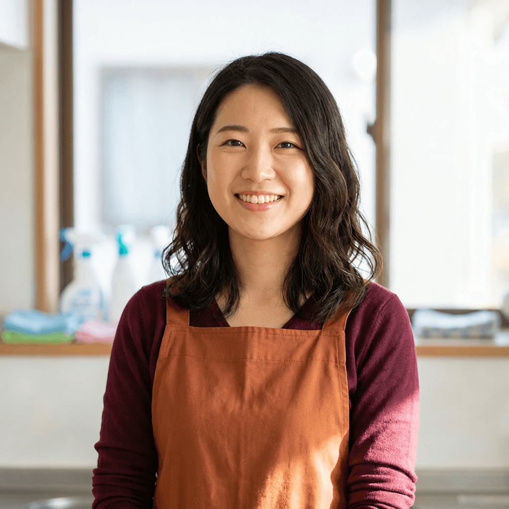 Nelci Moreira smiling while holding cleaning supplies in a bright Raleigh home