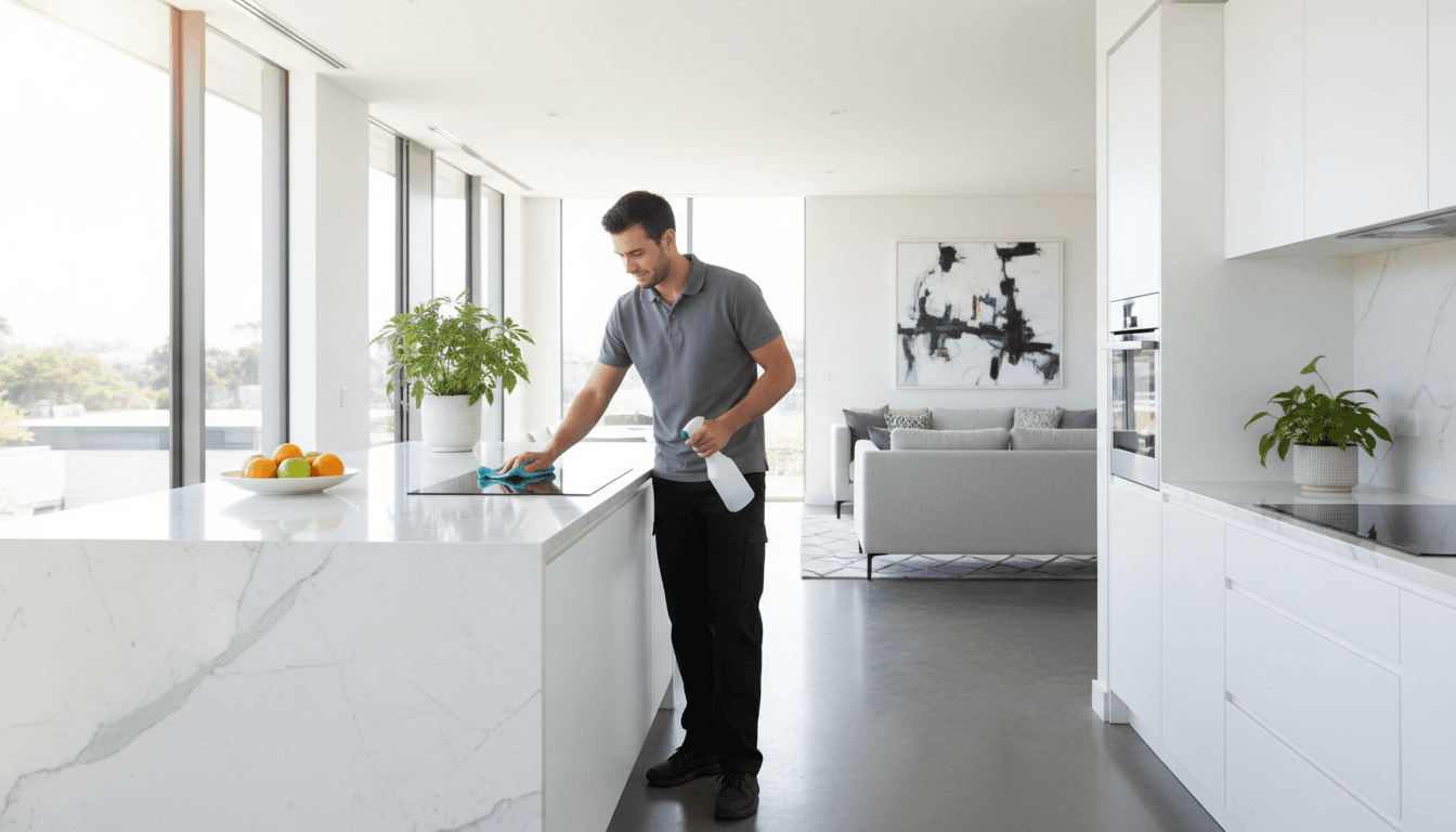 Professional cleaner wiping a kitchen counter in a bright modern home