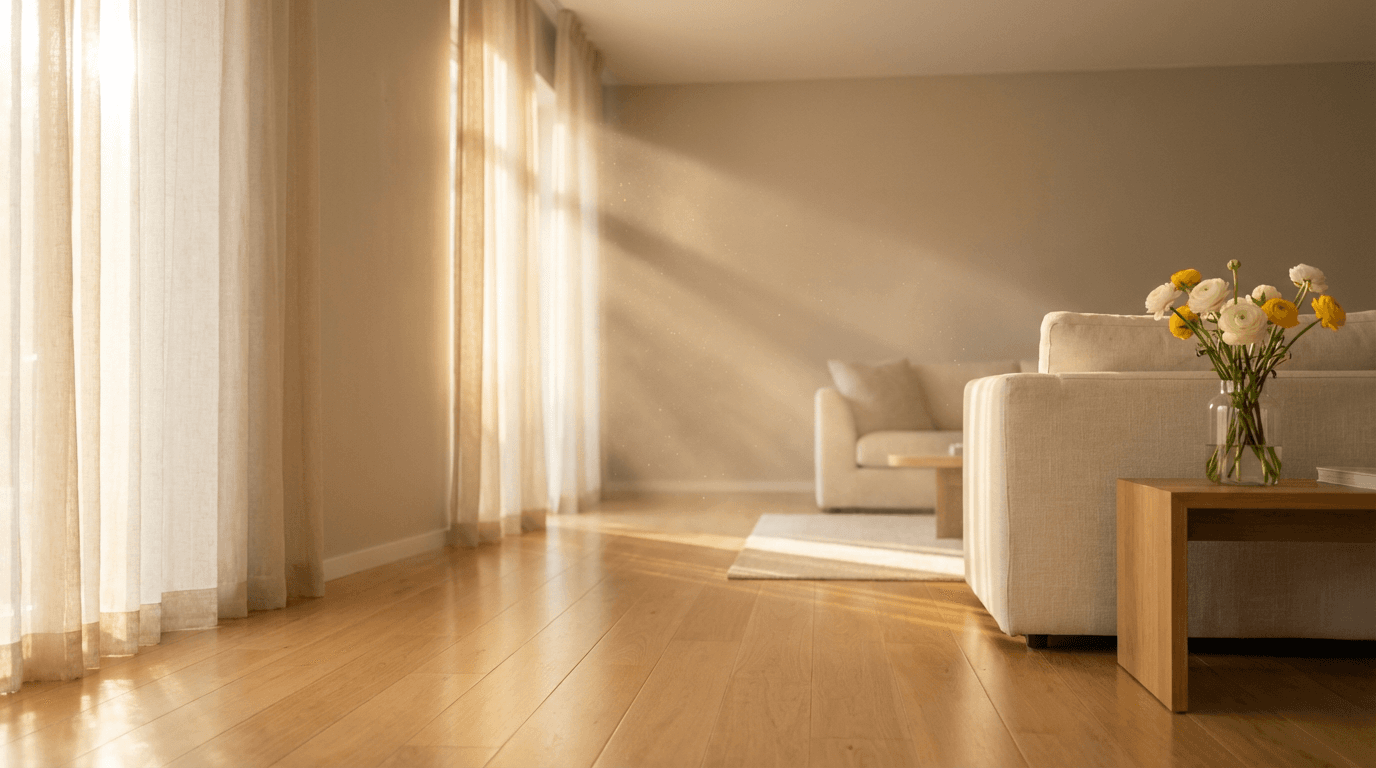 Bright, clean living room with hardwood floors and white trim in Raleigh