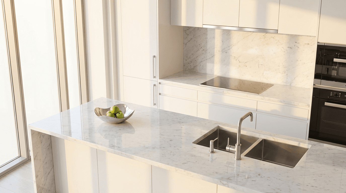 Bright remodeled kitchen with spotless white countertops and a clean sink