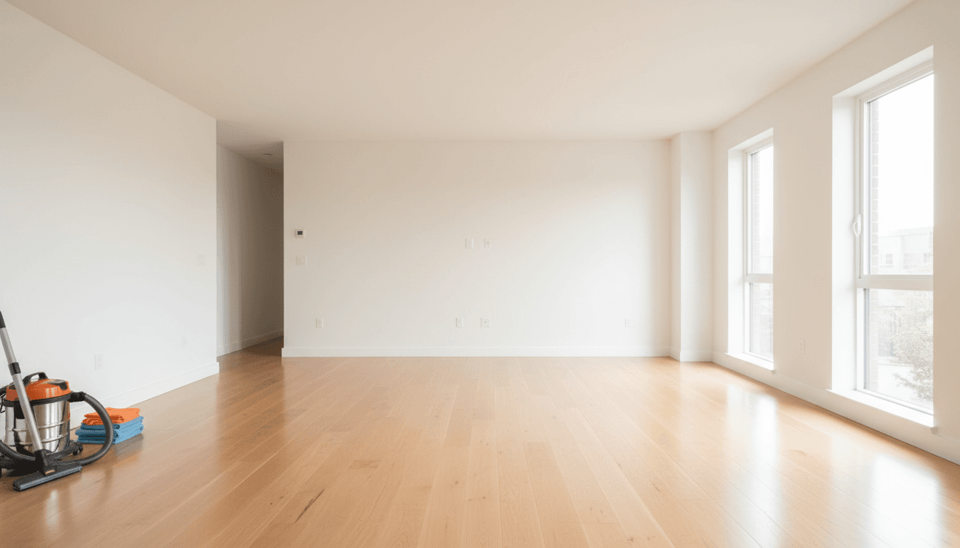 Bright living room with gleaming hardwood floors and spotless surfaces after a professional deep clean