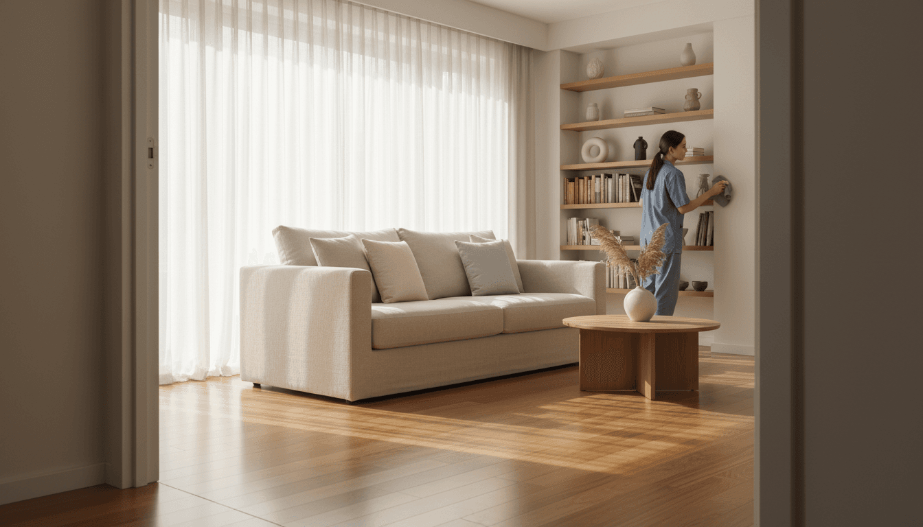 Bright living room with hardwood floors and white trim after professional cleaning
