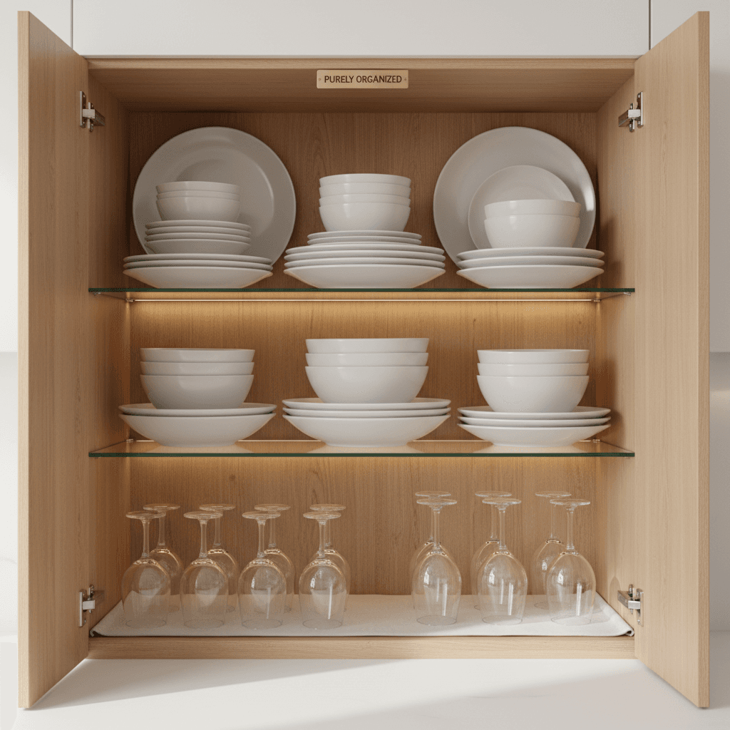Organized kitchen with wiped cabinet shelves and spotless interior