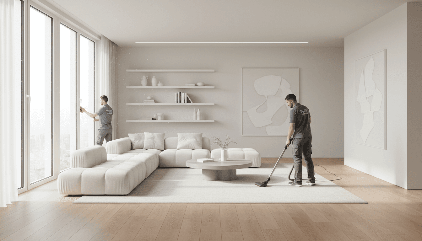 Professional cleaner talking with a homeowner in a bright living room