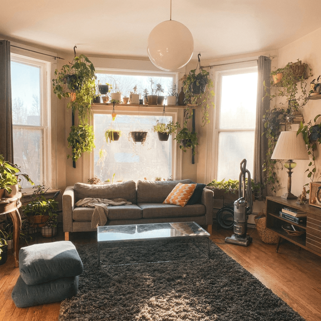 Professional cleaner dusting baseboards in a bright living room
