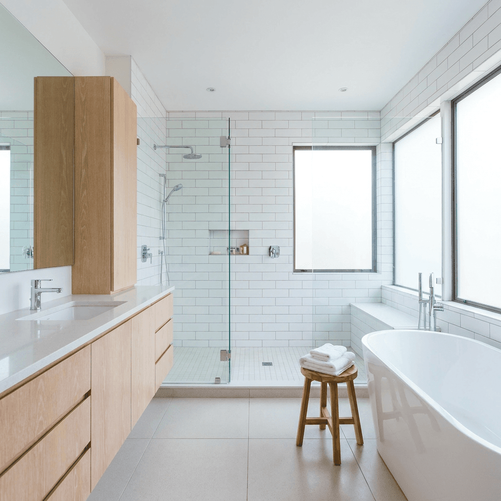Clean bathroom with shiny white tiles and polished chrome fixtures
