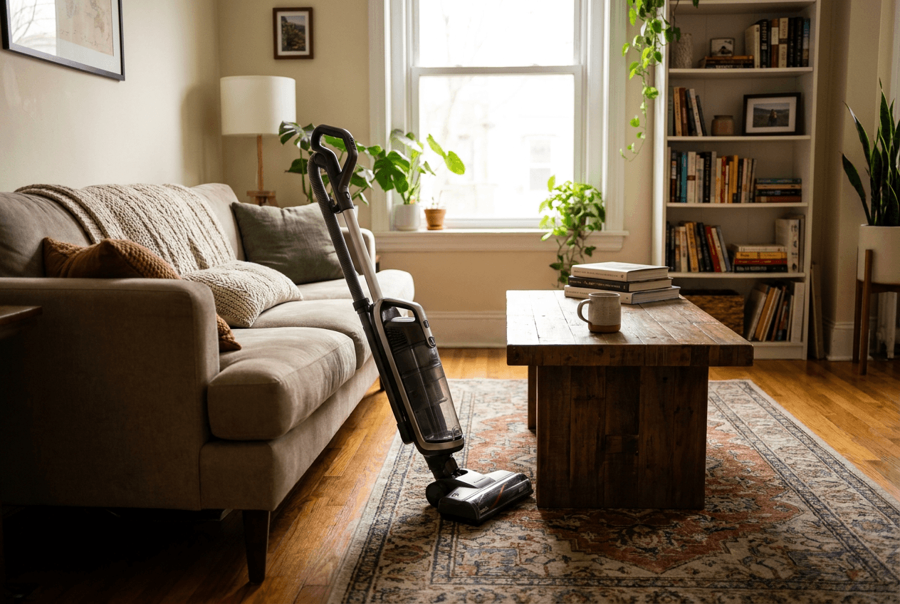 Tidy living room with vacuumed hardwood floors and neatly fluffed couch cushions